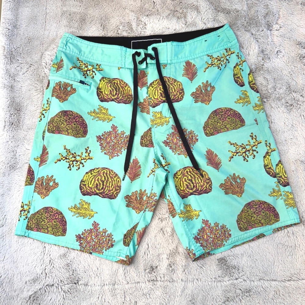 Lost Enterprises Mens Board Shorts Teal Blue Coral Print Swim Trunks Size 31